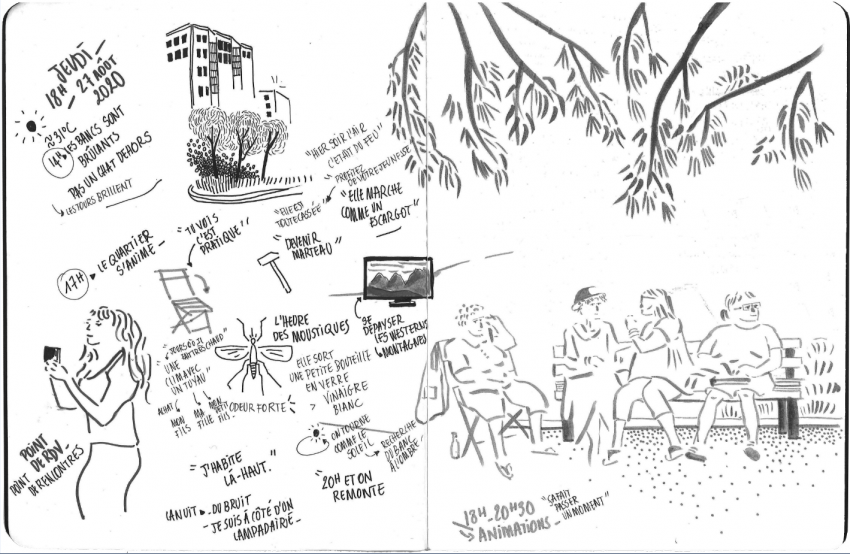 Illustration au feutre et à l'encre de Chine représentant Monique, Claudia, Édite et Alexa sur leur banc dans le parc